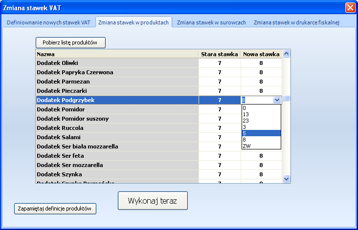 Zmiana stawek VAT produktów Po wciśnięciu przycisku Pobierz listę produktów w oknie wyświetlona zostanie lista produktów zdefiniowanych w systemie wraz z przypisanymi do nich stawkami VAT.