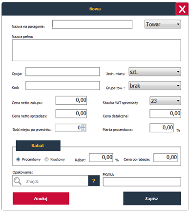 Format pliku importu: plu \t nazwa \t id_vat \t id_grupy \t miejsc po przecinku \t id_jm \t blokowany \t ean \t cena \t butelka \t tyton gdzie: \t tabulator plu - numery porządkowe od 1 do N nazwa -