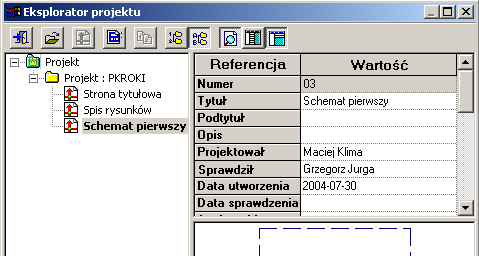 4.3. Kreślenie schematu 21 tuł schematu nr 03 Schemat pierwszy, który został nadany automatycznie przez program. Zaznaczamy nazwę tego schematu lewym przyciskiem myszki.