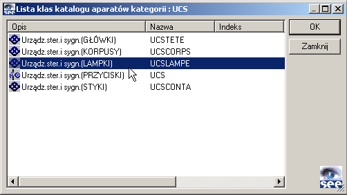 38 4.Prosty przykład rysunkowy Klikamy na przycisk <Kod>, klikamy na przycisk obok napisu Klasa -rys. 4.17. Z listy wybieramy klasę Urządz. ster. i sygn. (LAMPKI) [UCSLAMPE] <OK> - rys. 4.18.