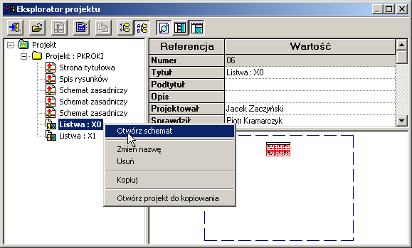 56 4.Prosty przykład rysunkowy Otwieramy wygenerowany schemat Plik Otwórz schemat W oknie Eksplorator projektu (rys. 4.35) zaznaczamy wygenerowany schemat montażowy nr 06 i otwieramy go. Uwaga! rys. 4.35 Eksplorator projektu z zaznaczonym rysunkiem montażowym Uzupełniamy bieżący rysunek o opis podłączonego kabla.