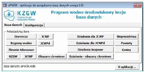 Programy działań dla JCW przedstawione są w formie bazy danych
