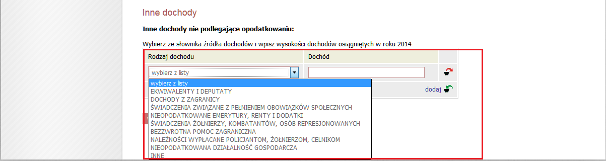 2. Alimenty, fundusz alimentacyjny, bezskuteczna egzekucja alimentów Po wyborze z rozwijanego menu rodzaju dochodu należy wpisać kwotę i czas w jakim alimenty były wypłacane.