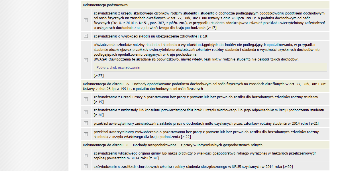 Ekran 5 Ekran zawiera listę dokumentów jakie musisz załączyć do oświadczenia o dochodach.
