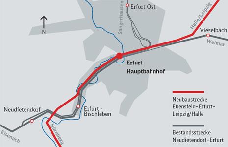 Przebieg nowej LDP przez węzeł kolejowy Erfurtu w Niemczech oraz przez stację Erfurt Hbf (v = 160 km/h) Bezkolizyjność LDP Połączenia z innymi liniami kolejowymi Na