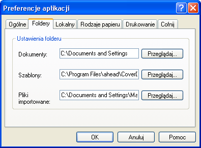 4.2.1 Zakładka 'Ogólne' Określa wyświetlanie komunikatów i czcionki używanej w oknach dialogowych. 4.2.2 Zakładka 'Foldery' Określa foldery dla dokumentów, szablonów i plików importowanych.