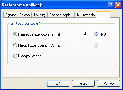 4.2.5 Zakładka 'Drukowanie' Określa obszar wydruku, umożliwia rozpoczęcie procesu kalibracji i dostosowanie ustawień (patrz rozdział 'Kalibracja drukarki'). 4.2.6 Zakładka 'Cofnij' Określa opcje użyte dla operacji cofania.