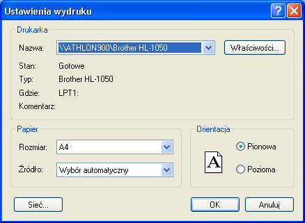 4.5 Ustawienia drukowania Okno 'Ustawienia druku' może być otwarte przez wybranie polecenia 'Ustawienia druku' w menu 'Plik'. 'Drukarka': Wybór drukarki z rozwijanej listy.