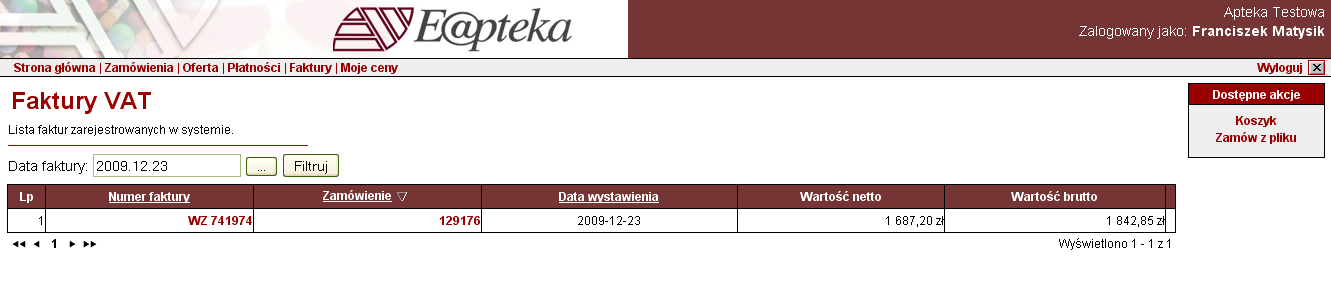 Historia złożonych zamówień, zapisanych koszyków, WZ i faktur 1.