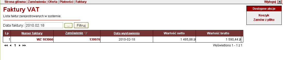 Historia złożonych zamówień, zapisanych koszyków, WZ i faktur 1.