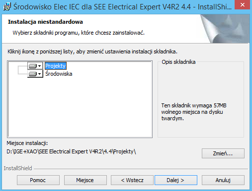 Pierwsze kroki SEE Electrical Expert Wersja V4R2 Wybór instalacji niestandardowej Można zmienić foldery instalacji środowiska, nie jest to zalecane