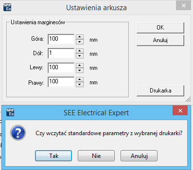 Pierwsze kroki SEE Electrical Expert Wersja V4R2 Po wskazaniu <OK> możemy dostosować marginesy, poprzez ich pobranie z parametrów drukarki. Wybrać <Tak>.