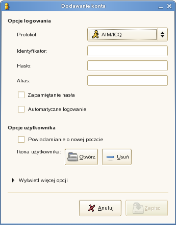 4-94 4.7.1 Tworzenie konta Gdy uruchomisz Gaima (Przeglądarka aplikacji grupa Komunikacja), na ekranie pojawiają się trzy okna. Jedno z okien zatytułowane jest Dodawanie konta.