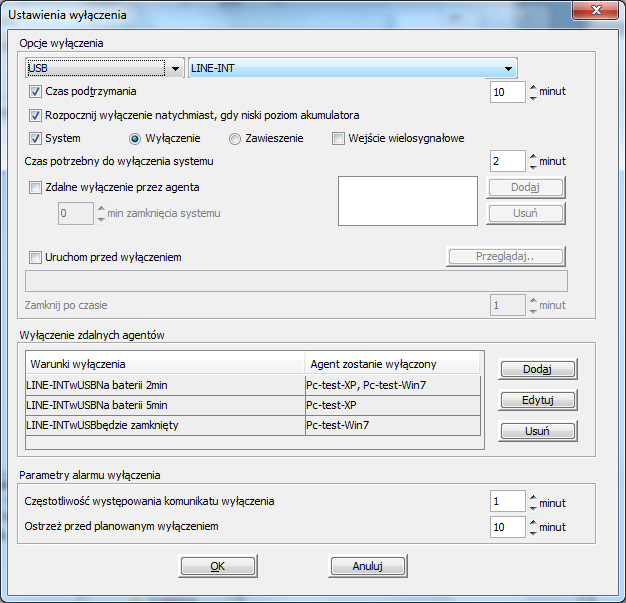 9. Poniżej ustawienia w Agencie. 9-1. Z ustawień wynika, iż czas podtrzymania przez zasilacz UPS (na porcie USB) to 10 minut. 9-2.