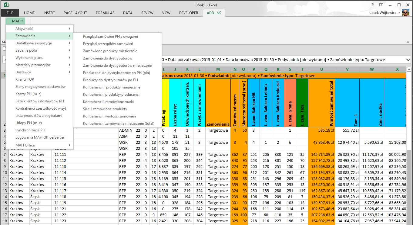 MAH Office jest specjalnym dodatkiem do programu MS Excel pozwalający na pobierania z serwera raportów w ściśle zdefiniowanej formie bezpośrednio do programu MS Excel.