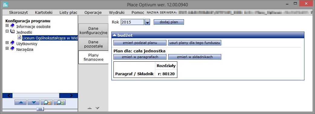 Płace Optivum. Jak wprowadzić do programu plan finansowy jednostki i kontrolować jego realizację? 2/5 Wprowadzanie planu finansowego jednostki 1.