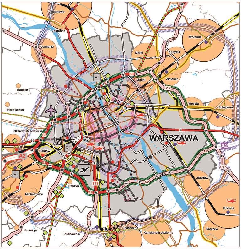 Polityka poprawy dostępności i efektywności transportowej województwa trasy obwodowe Plan ustala również : przebudowę i zwiększenie przepustowości dróg wylotowych z Warszawy
