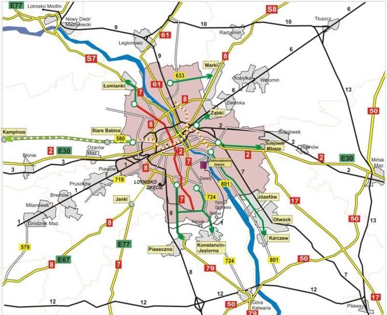 Polityka poprawy dostępności i efektywności transportowej województwa - transport szynowy II Kontynuacja budowy II linii metra i rozpoczęcie realizacji III linii Nowe połączenia szynowe do: Piaseczna