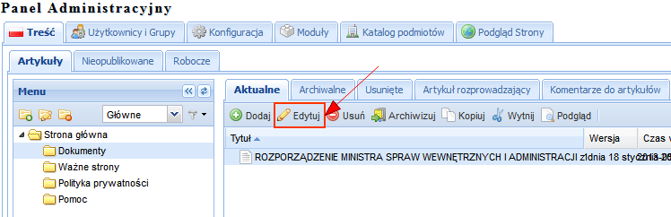 W celu przypisania tagu (słowa kluczowego) do artykułu, należy po zalogowaniu się do systemu przejść do zakładki Treść.