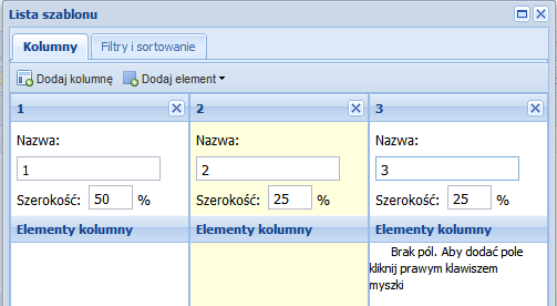 Dodaj kolumnę - narzędzie umożliwia wklejenie nowej kolumny na liście, użycie powoduje wyświetlenie formatki z polami (przycisk X widoczny, w górnym rogu kolumny usuwa ją z listy): Nazwa wprowadzona