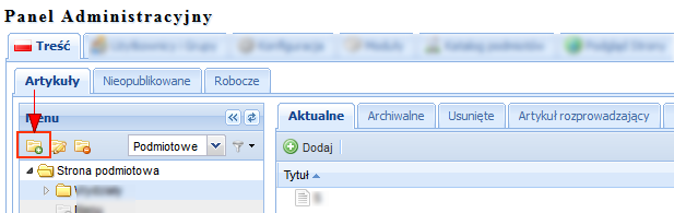 10.2.1. Dodawanie elementu menu W celu dodania elementu menu należy skorzystać z przycisku: Dodaj nowy element menu użycie narzędzia umożliwia dodanie nowego katalogu w menu (katalog
