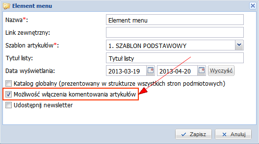 Data wyświetlania użycie ikonki znajdującej się przy polu, powoduje wyświetlenie kalendarza, gdzie użytkownik ma możliwość wskazania daty początkowej oraz końcowej wyświetlania danego elementu menu
