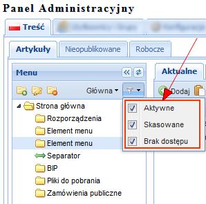 Ukryj/Pokaż elementy menu użycie narzędzia powoduje wyświetlenie okna z możliwością zaznaczenia/odznaczenia, jakie elementów menu (tzn.