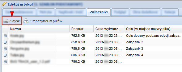 Użytkownik ma do dyspozycji dwie możliwości dodania załączników do artykułu: Z dysku użycie narzędzia spowoduje wyświetlenie okna, w którym należy wskazać plik na