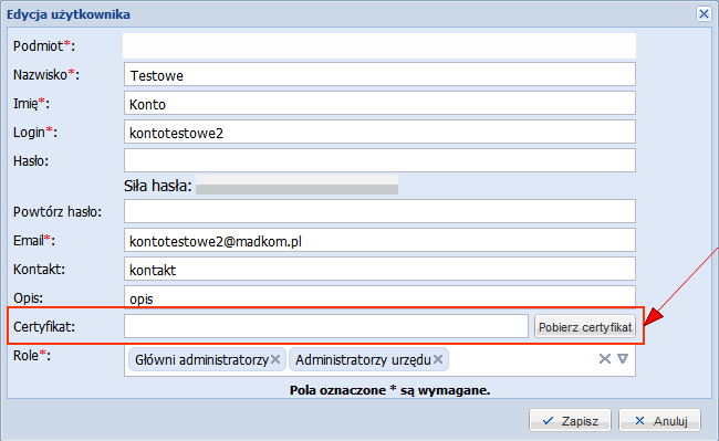 Login użytkownika oraz adres email muszą się zgadzać z danymi podanymi w formularzu Dodawania/Edycji użytkownika (patrz Dodawanie użytkownika). 4.2.