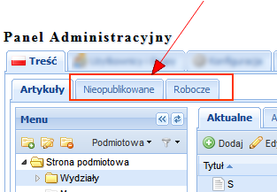 Użytkownik w zakładce może mieć dostęp do przycisków: Publikuj, Edytuj, Usuń, Porównaj, Podgląd (patrz dalsza część instrukcji), Robocze w zakładce użytkownik odnajdzie artykuły o statusie roboczy.