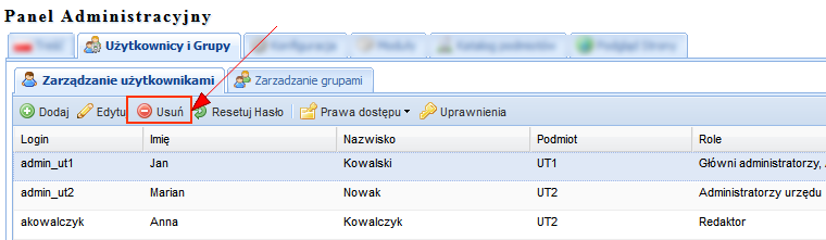 Edytuj przycisk aktywny jest po wskazaniu pozycji na liście użytkowników, użycie powoduje pojawienie się okna Edycja użytkownika, gdzie użytkownik ma możliwość zmiany danych dotyczących danego