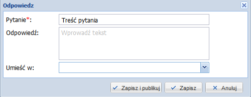 Użytkownik, który chce zarządzać pytaniami internautów powinien udzielić na nie odpowiedź a następnie wybrać zestaw, w którym ma się ono pojawić.