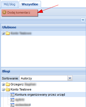 17.4. Zakładka Wszystkie Zakładka Wszystkie, została podzielona na dwie sekcje Ulubione oraz Blogi. Po wskazaniu wpisu w sekcji Blogi lub Ulubione, jego treść prezentowana jest w oknie obok.