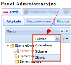 Wyświetlone nazwy odpowiadają rodzajom menu, którymi można zarządzać w systemie. Użytkownik wybierając np.