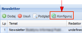 Usuń użycie przycisku powoduje wyświetlenie pytania Czy usunąć newsletter? Potwierdzenie usuwa newsletter z listy, Podgląd kliknięcie powoduje wyświetlenie okna Podgląd newslettera, 29.3.