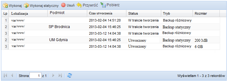 30. Moduł kopie zapasowe Modułu Kopii zapasowych zawiera funkcjonalności tworzenia statycznych kopii zapasowych dla każdego z podmiotów.