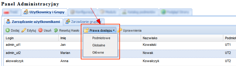 Na powyższym zrzucie użytkownik w Menu Głównym (1) nie ma przydzielonego żadnego prawa dostępu do katalogu Element menu 1 (2).
