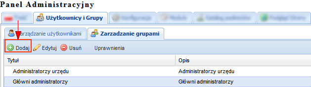 użytkownika). Administrator systemu ma możliwość modyfikowania przypisanych uprawnień dla danych grup oraz tworzenia nowych grup.