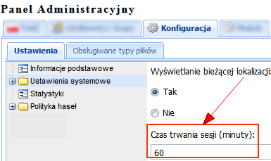 Widok na froncie Czas trwania sesji (minuty) - możliwość ustawienia czasu, po którym użytkownik zostanie wylogowany z systemu, Panel administracyjny Adres przekierowania po