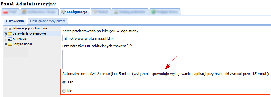 Widok na froncie Automatyczne odświeżanie sesji co 5 minut ustawienie opcji na Nie, spowoduje wylogowanie z aplikacji przy braku aktywności przez 15 minut, Przedział czasu dla raportu czasów