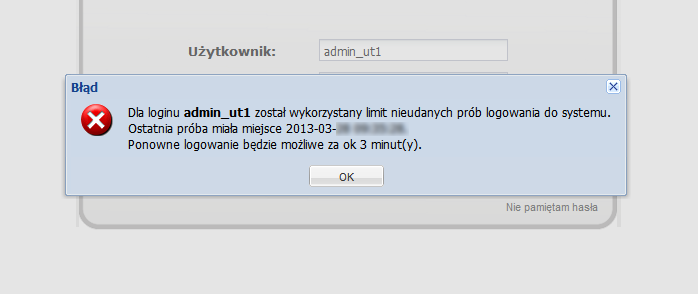 Maksymalna liczba nieudanych prób logowania - wprowadzona wartość określa maksymalną możliwą liczbę nieudanych prób logowania, po jej wykorzystaniu użytkownik otrzyma komunikat informujący o