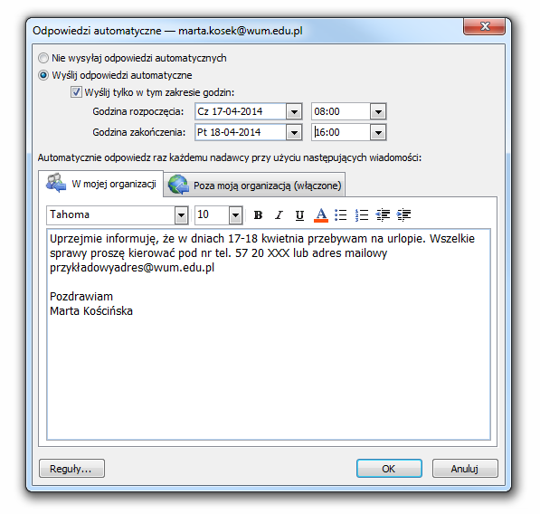 Pojawi się wówczas okno do konfiguracji autoodpowiedzi, które należy uzupełnić analogicznie jak przedstawia to Sposób nr 1.