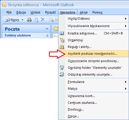 Ustawienia dla Microsoft Office Outlook 2007 (źródło: http://support.microsoft.com) 1. W menu Narzędzia kliknij polecenie Asystent podczas nieobecności. 2. W oknie dialogowym Asystent podczas nieobecności zaznacz pole wyboru Wyślij autoodpowiedzi podczas nieobecności.