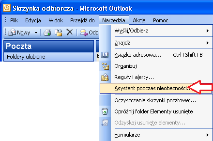 Ustawienia dla Microsoft Office Outlook 2003 (źródło: http://support.microsoft.com) 1. W menu Narzędzia kliknij polecenie Asystent podczas nieobecności. 2. W oknie dialogowym Asystent podczas nieobecności kliknij opcję Nie ma mnie w pracy.