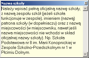 Rys. 6 Po ulokowaniu kursora w określonym polu pojawia się jego pełna nazwa. Poszczególne pola zależnie od informacji, które powinny zawierać są wymagalne lub nie.
