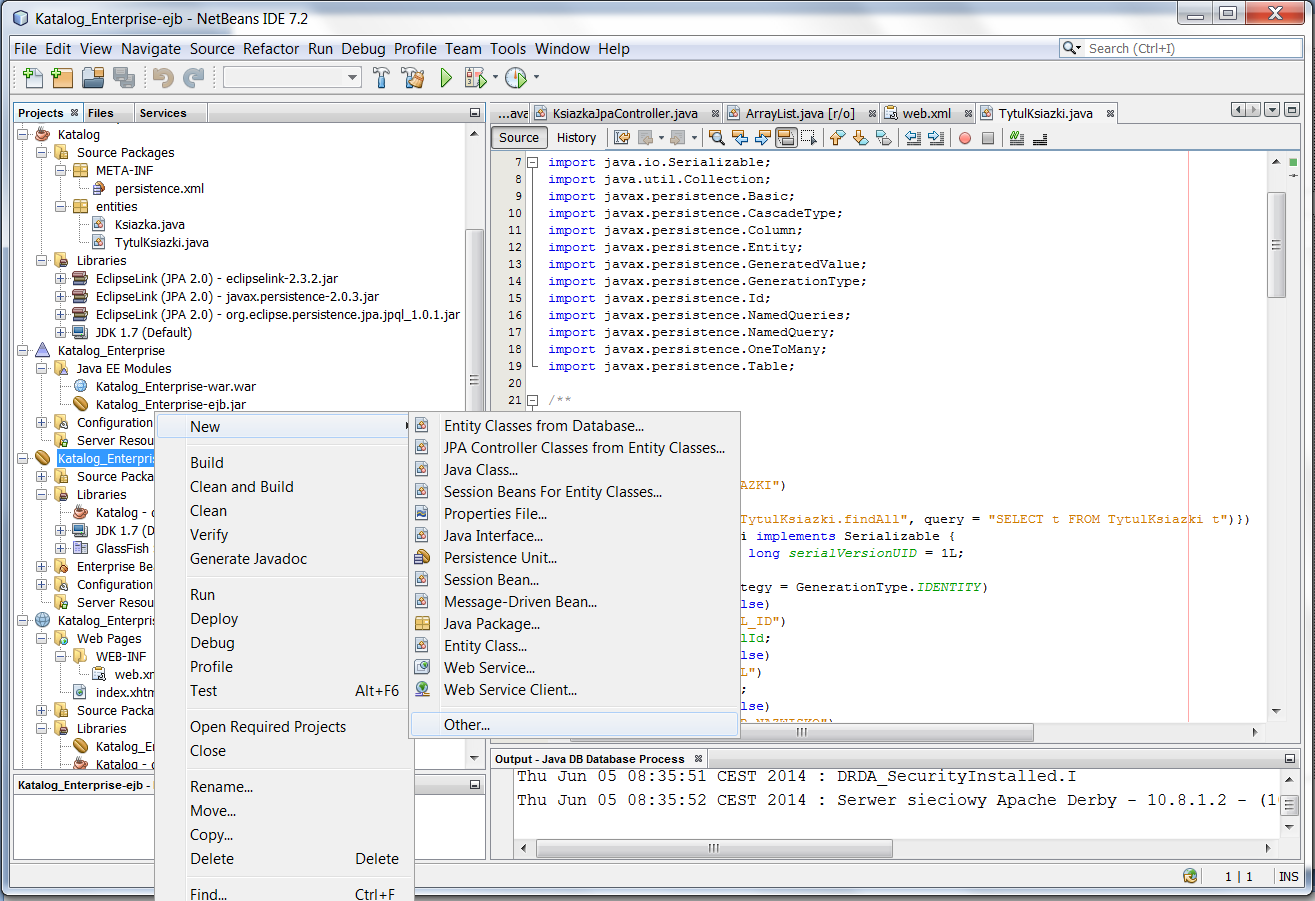 7.1. Wygenerowanie klas typu Session Beans For Entity Classes w module Katalog_Enterprise-ejb, tworzących warstwę