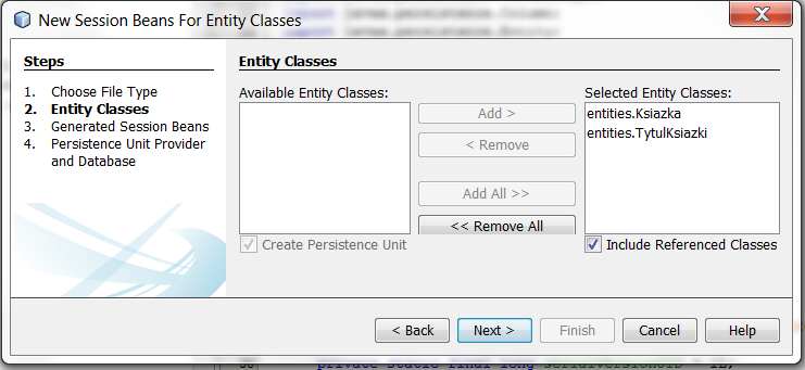 7.2. Następnie wybór Enterprise JavaBeans/Session Beans For Entity Classes, wybór klas typu