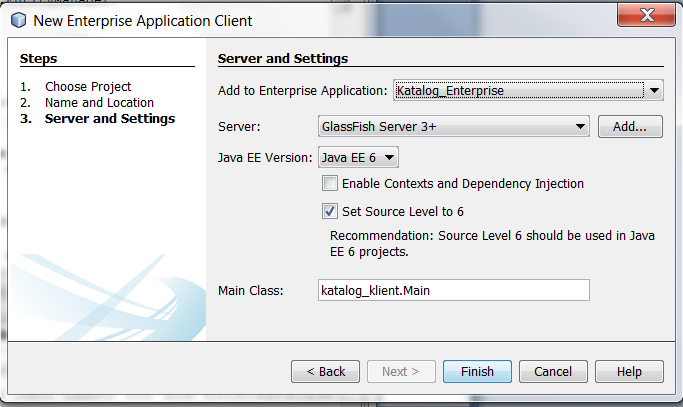 9.1. Utworzenie projektu klienta typu Enterprise : New Project/Java EE/Enterprise Application Client; Next; następnie należy nadać nazwę Katalog_klient (Project Name) w wybranym