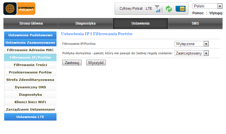 Filtrowanie IP/Portów W zakładce Filtrowanie IP/Portów możemy: Włączyd lub wyłączyd filtrowanie IP/Portów