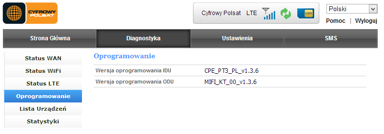 Należy przejśd do zakładki Diagnostyka/Oprogramowanie Jeżeli aktualizacja przebiegła prawidłowo zaleca się